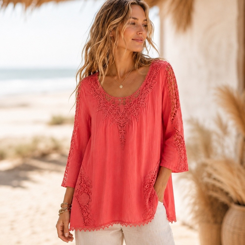 XCVI Coral Pink Cotton Silk Crochet Lace Tunic Top Bohemian Romantic Beachy Sz M - Picture 10 of 16